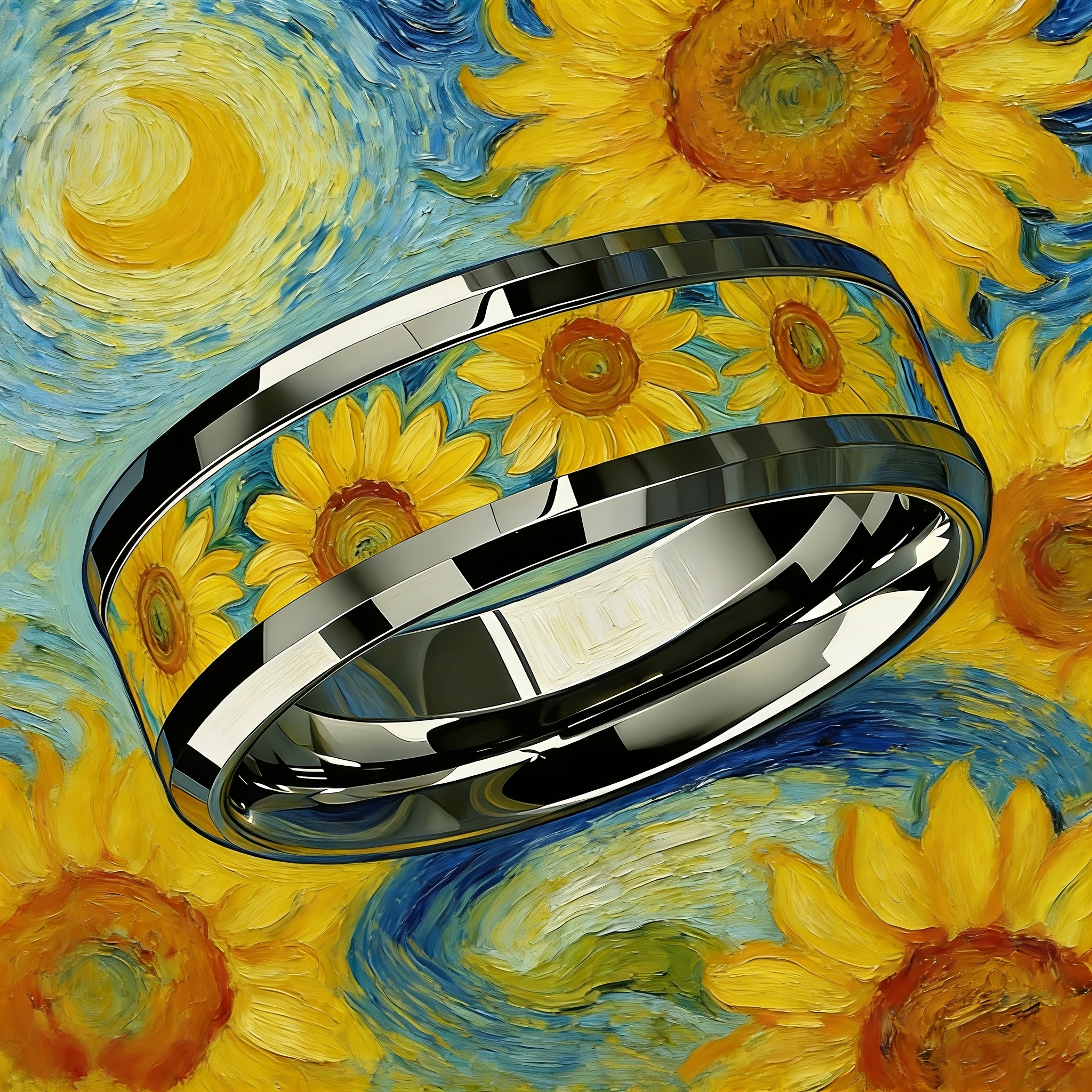 SUNFLOWERZHU Unique Oil Painting Men's Black Ring Personality Women Engagement Wedding Band Jewelry Unisex Party Accessories