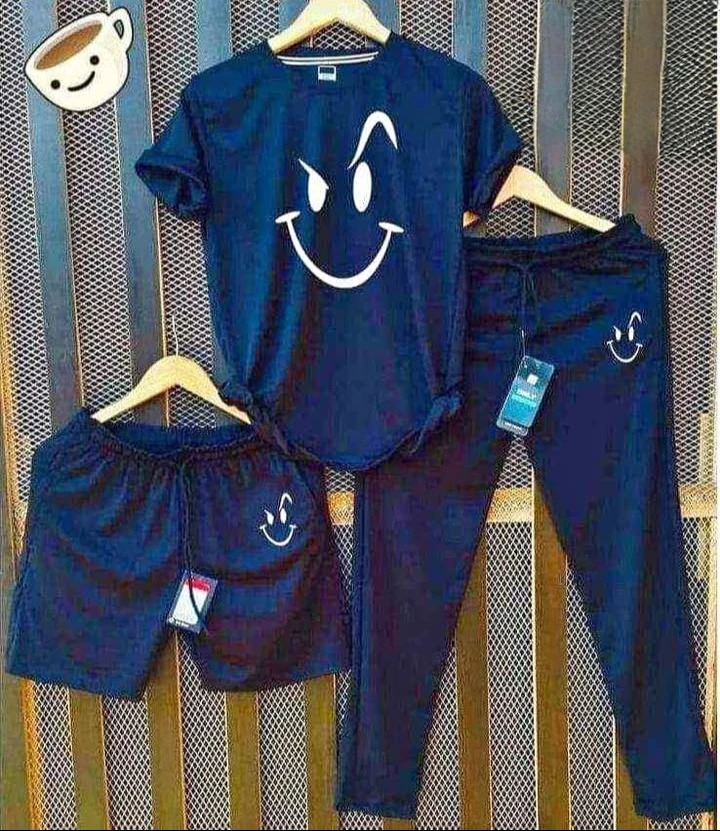 NEW SMILE PRINTED 3PCS TRACKSUIT FOR BOYS AND MEN - SUMMER PRINTED TSHIRT TROUSER AND SHORTS TRACKSUIT FOR BOYS