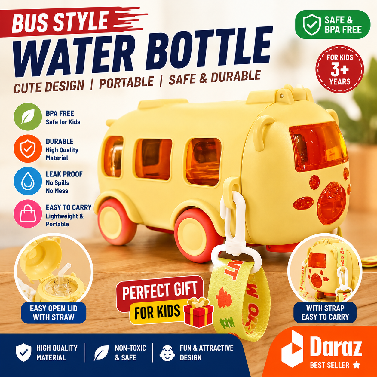 500ml Bus Shape Kids Water Bottle with Straw & Shoulder Strap | Leak Proof | BPA Free | Reusable School Water Bottle