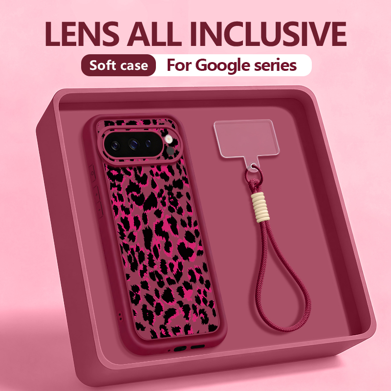 Black Leopard Patterned TPU Phone Case For Google Pixel 10 9 Pro XL 10 9 Pro Pixel 8A 7A 8 7 Pro 9A Soft Silicone Lanyard Cover