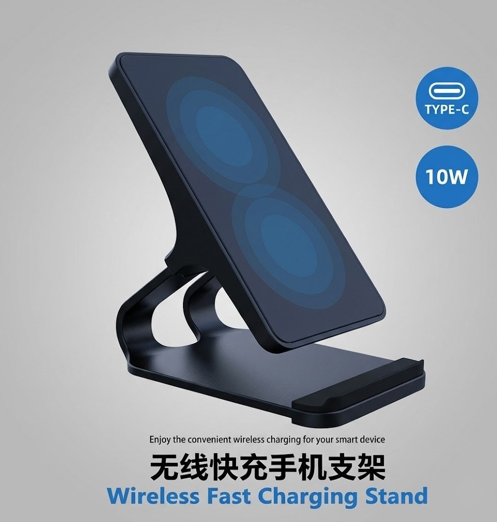 10W Wireless Fast Charging Stand - Universal Desktop Charger Dock with Type-C Input for Qi-Enabled Smartphones
