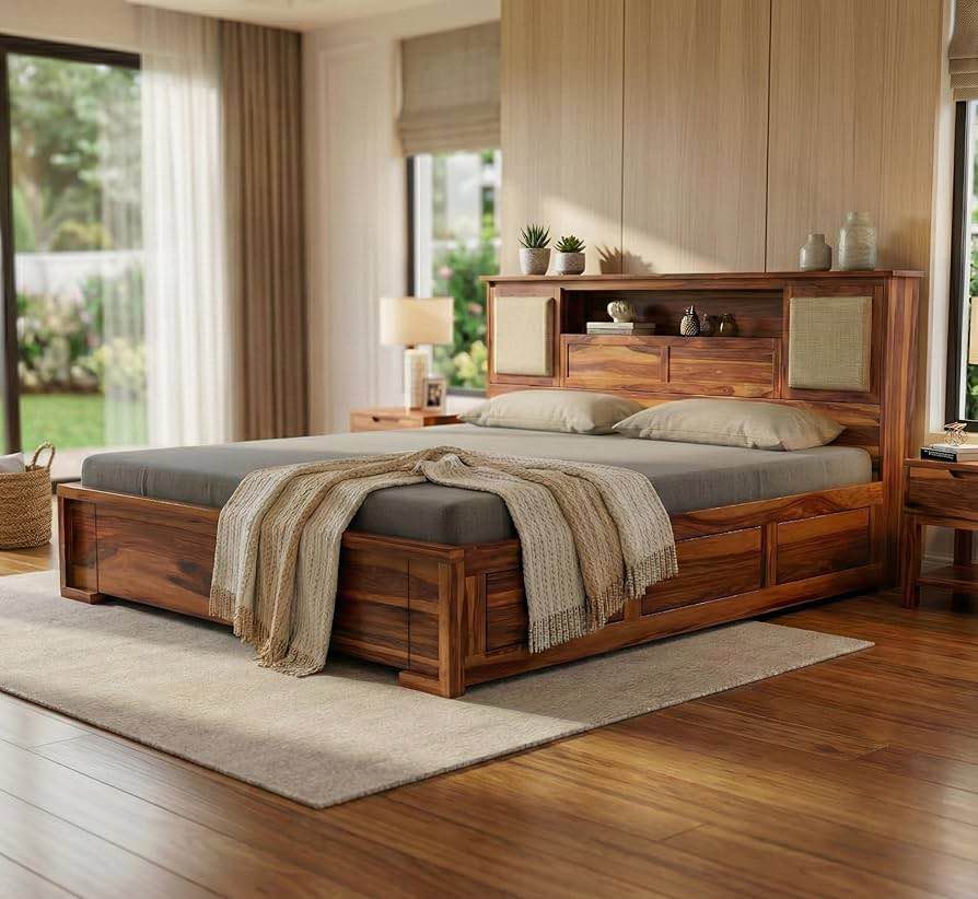 Solid Sheesham Wood Bed with Storage | Wooden Cot with Box Storage & Upholstered Headboard | Strong Durable Frame | Modern Luxury Bed for Bedroom Home & Hotel (Honey Finish, Queen)