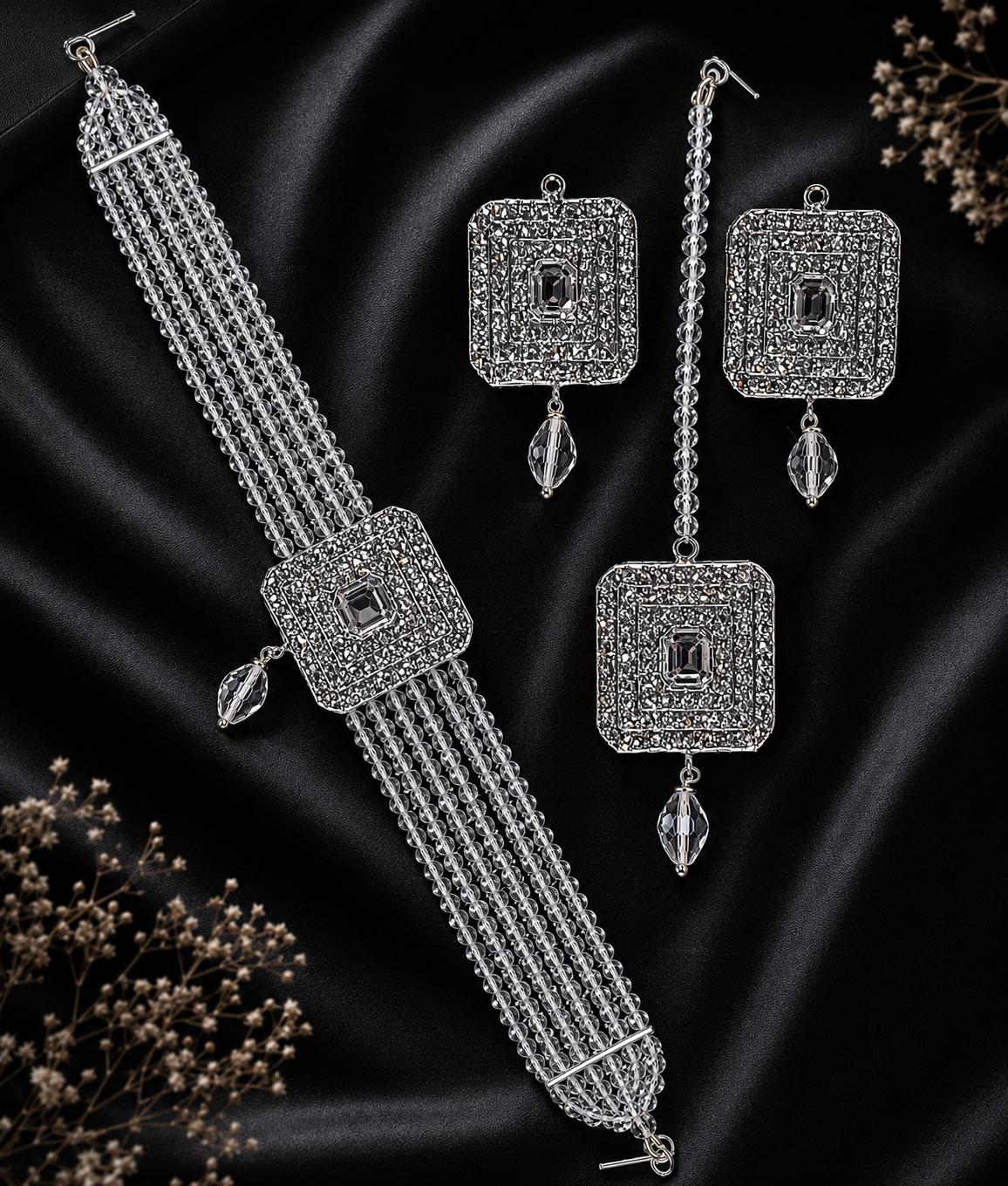 Silver Color Five Layer Jewellery Set | Luxury 5-Layer Crystal Choker Jewelry Set | Necklace, Earrings & Tikka
