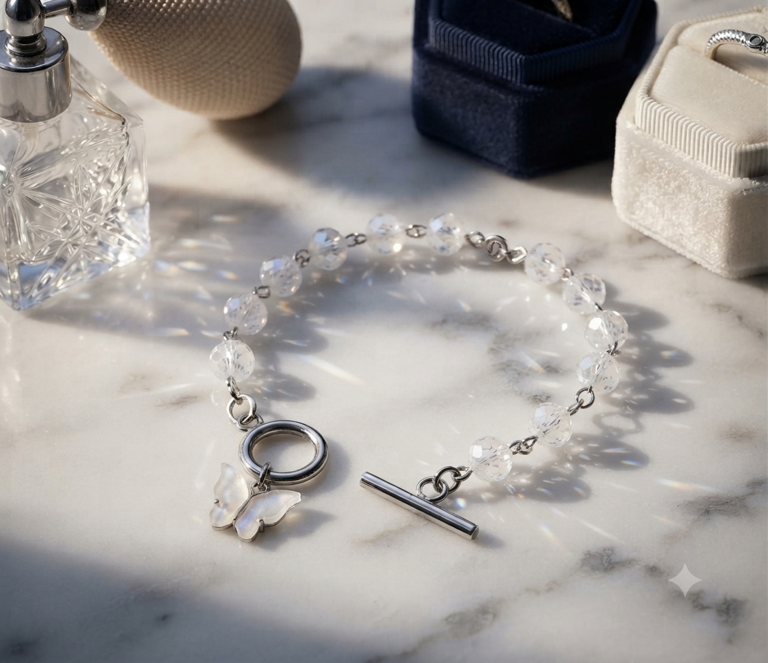 Elegant Butterfly Charm Bracelet with Faceted Crystal Beads,Korean style toggle clasp bracelet,elegant wrist jewelry for girls,sparkling crystal jewelry,cute bracelet for gifts,party wear bracelet,daily wear accessories,aesthetic jewelry.