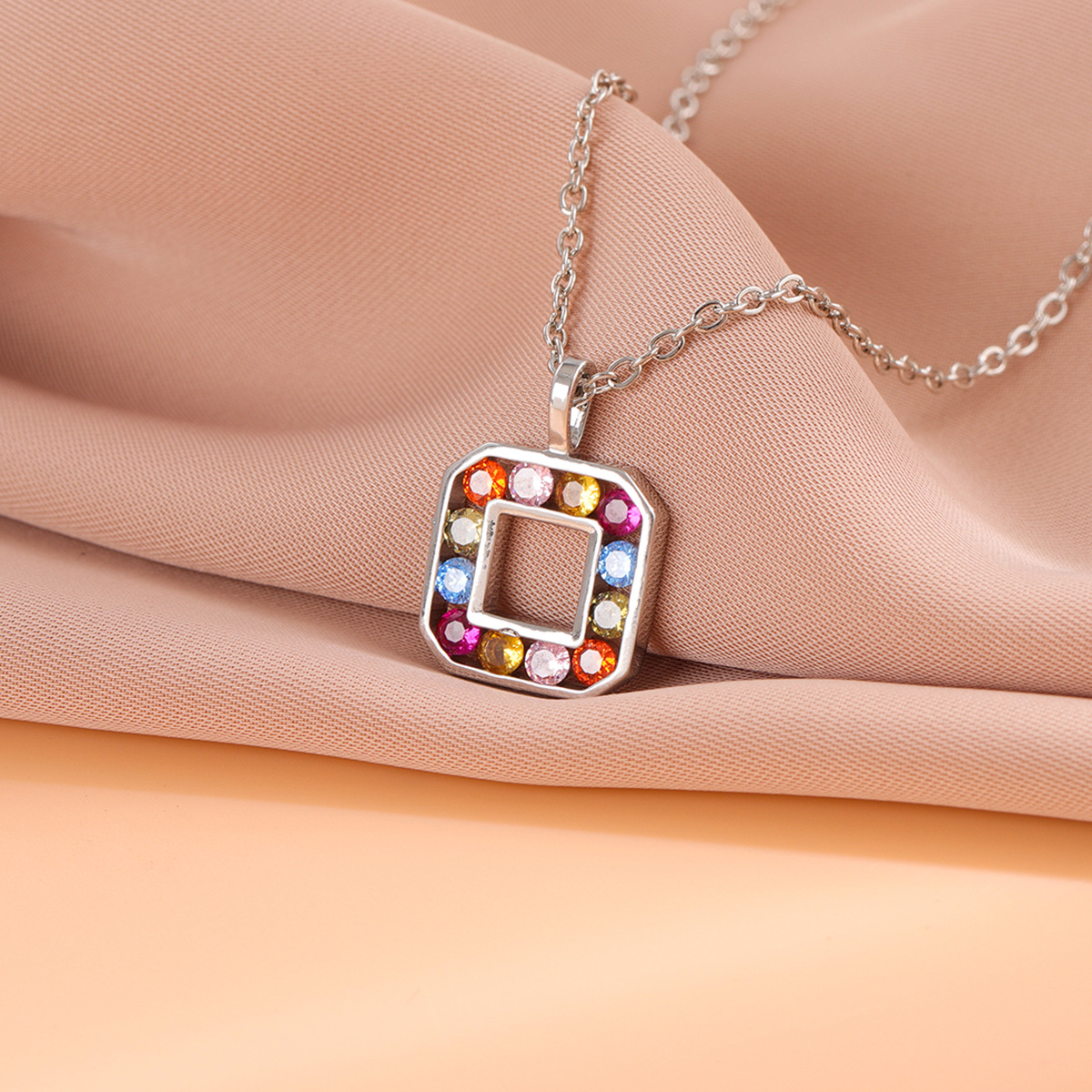 Fashion Colorful Crystal Square Geometric 925 Sterling Silver Jewelry Personality Pendant Necklaces  XL298