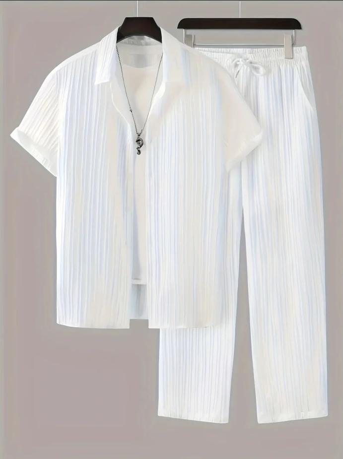 Deals Swag|Men Textured Co-Ord Set Short Sleeve Shirt and Trouser Summer Outfit Casual Two Piece Matching Set