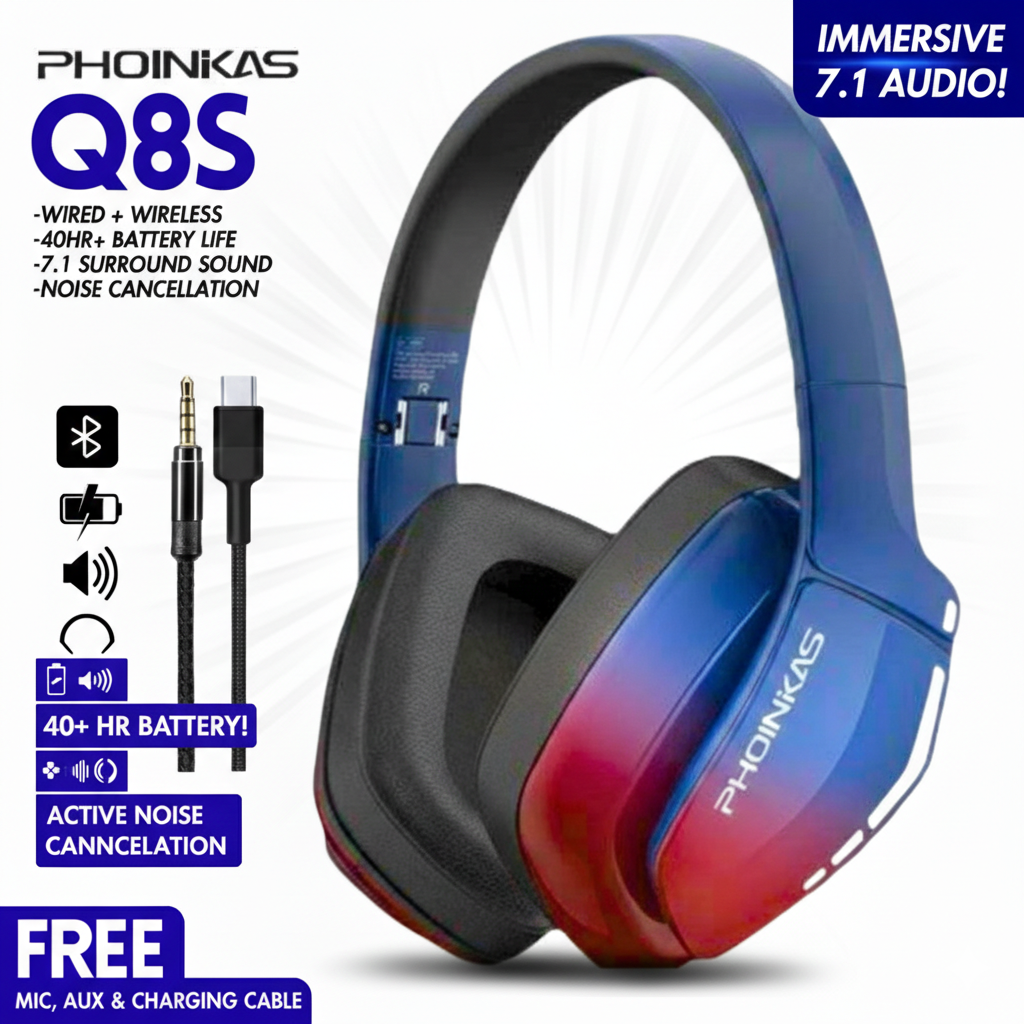 Phoinikas Q8S Noise Cancelling Bluetooth Rgb Gaming Headphones - Surround Sound 7.1 Wireless & Wired Gaming Headset with ENC Call 40-Hour Battery Life - Foldable Ergonomic Gym Headphone with HiFi Sound - By FunBug