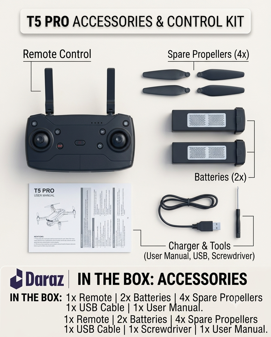T5 Pro Foldable RC Drone with Dual Camera, Remote Control, Spare Blades
