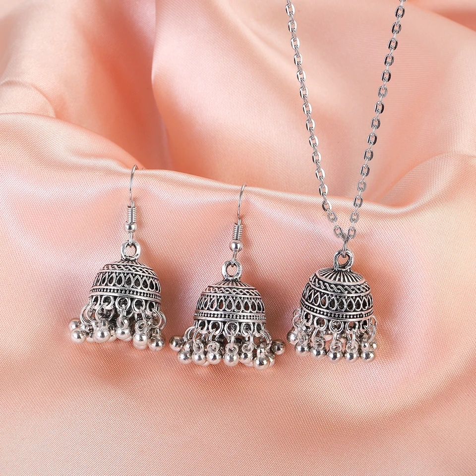 New Horizons Oxidized Jewelry Silver Jhumka Earrings Necklace Set Baho Style Earrings Women Jewelry Girls Jewelry Antique Oxidized Pendant Set Traditional Jewelry Party Jewelry Bridal Jewelry Ethnic Earrings Necklace Wedding Jewelry Gift