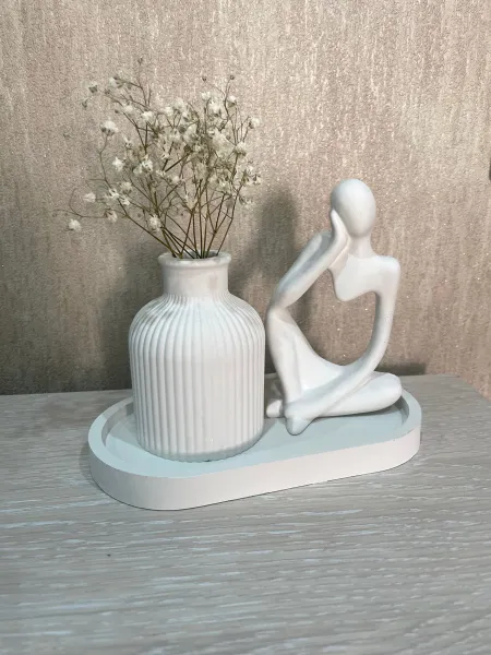 3pc deal of home decor set | Abstract Thinker figure| Stripped Vase | Trinket tray