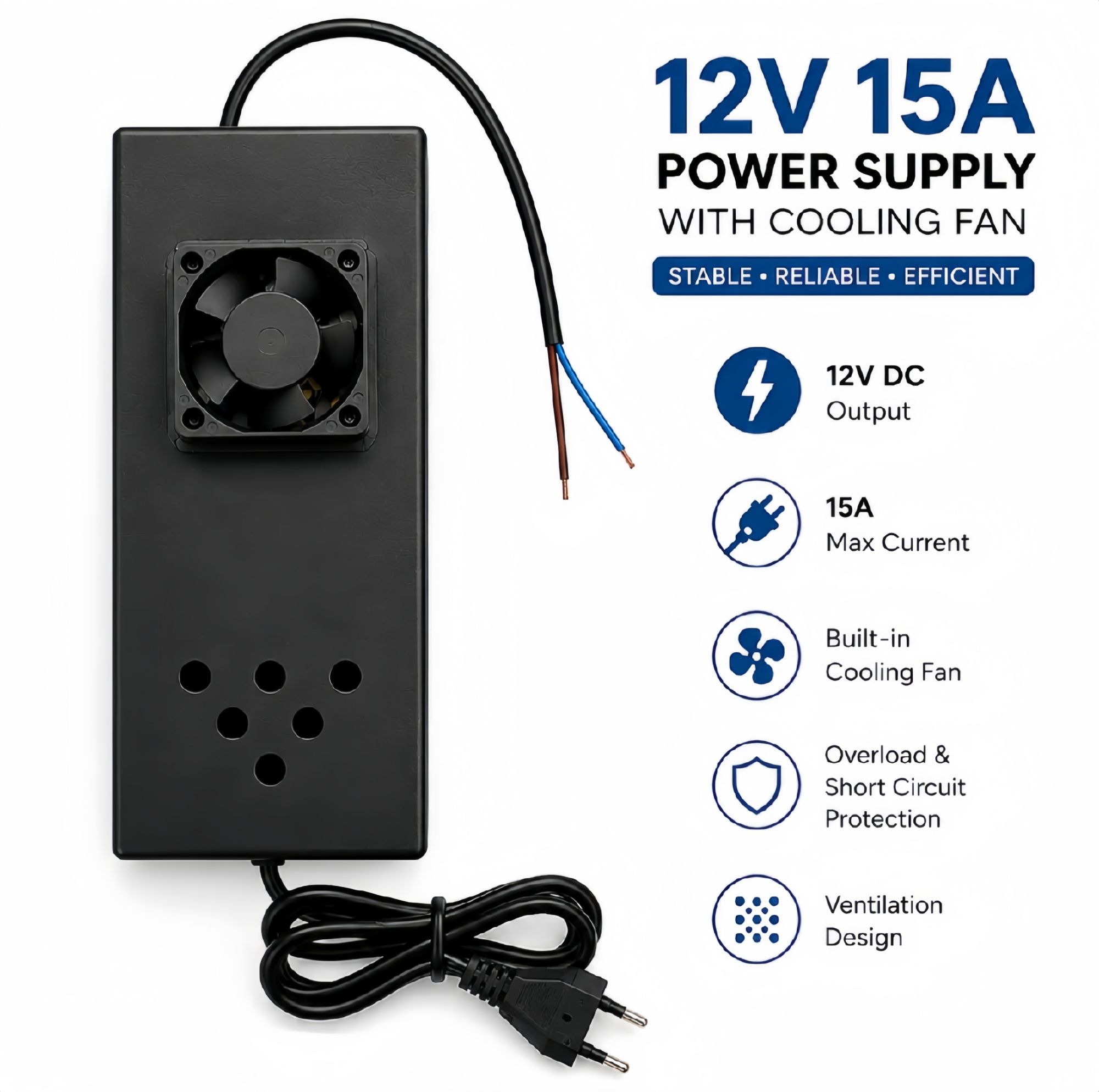 12V 15A DC Power Supply Adapter with Built-in Cooling Fan for Air Coolers, Fans, CCTV, LED Strip & Electronics Devices