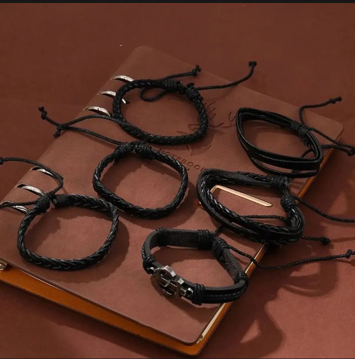 6Pcs Set Men's Vintage Braided Cowhide Bracelet Multi-layer Leather Bracelet For Men's And Boy's