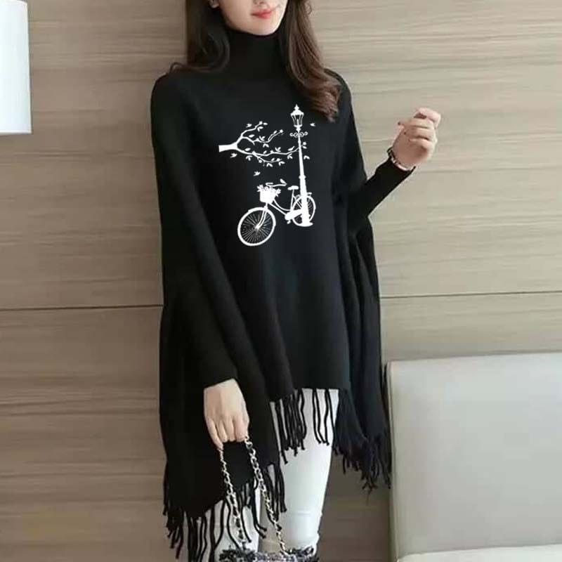 Cycle Printed Bat Wing Style Winter Poncho For women