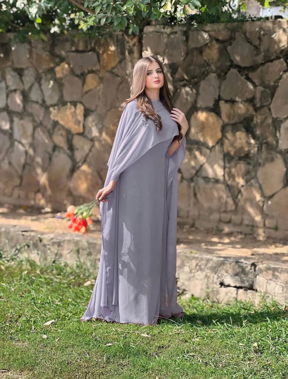 Eid collection/Two Tone Cap Shawl With Long Fitting Body Maxi And Dori Chiffon 2Pcs for girls/women wear