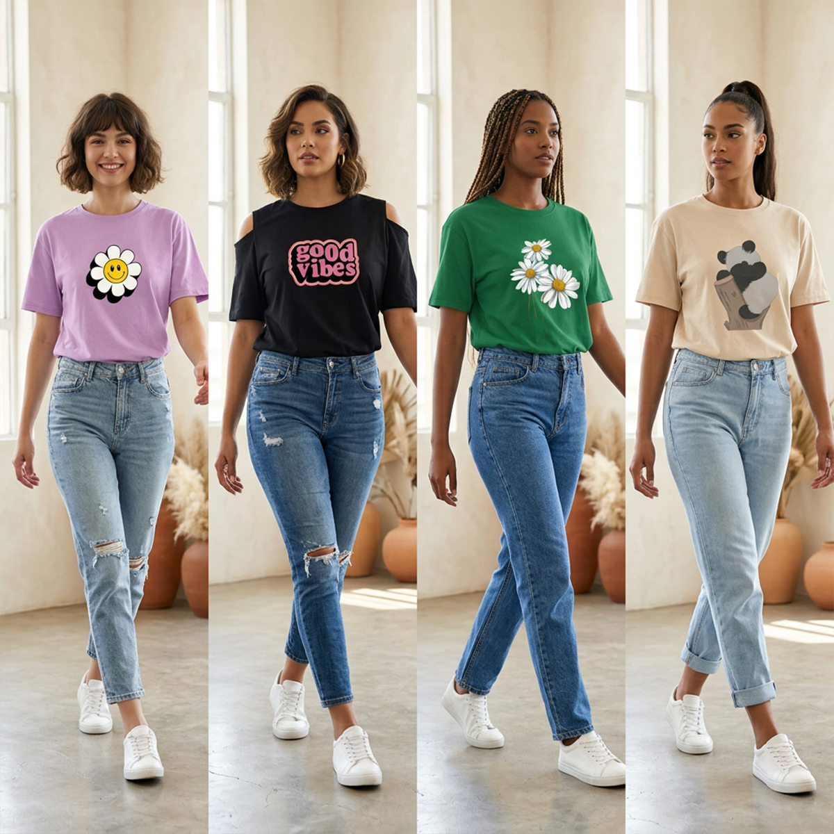 Pack Of Four Women Casual T Shirts A Soft And Comfortable Fabric Trendy Prints And Random Colors Set