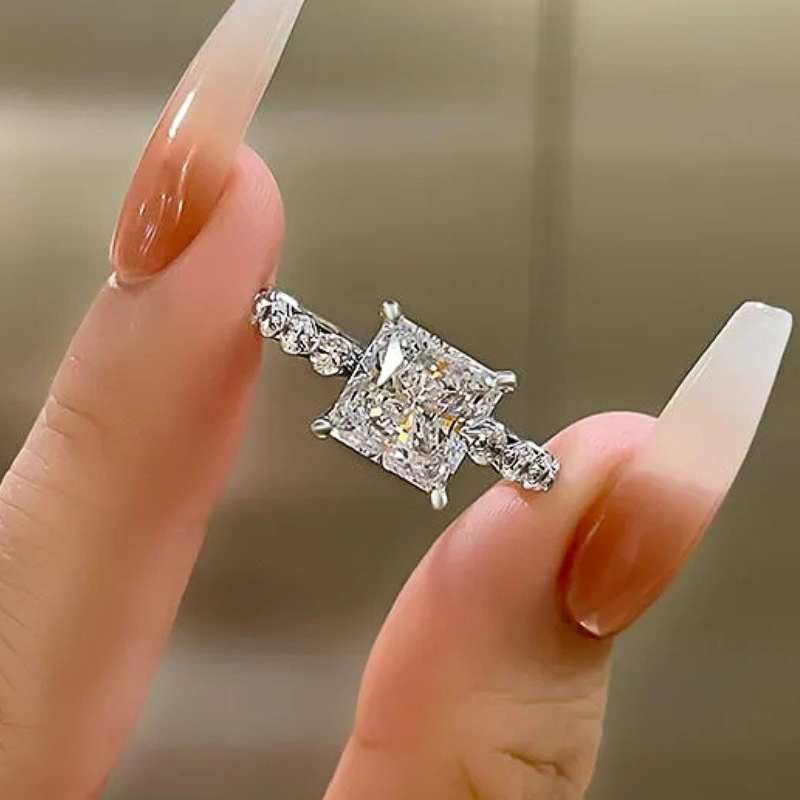 Huitan Eternity Princess Square Cubic Zirconia Crystal Rings Women's Wedding Engagement Luxury Accessories Classic Lady Jewelry