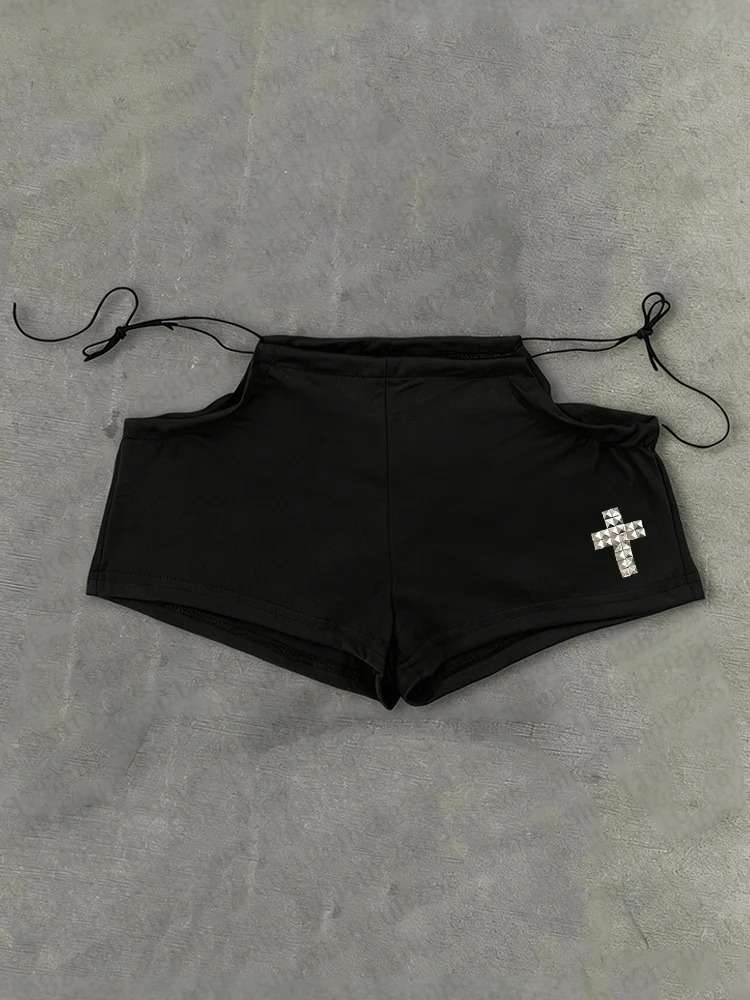 Streetwear Aesthetic Hot Pants Women White Cross Print Side Tie Low Rise Micro Shorts 2026