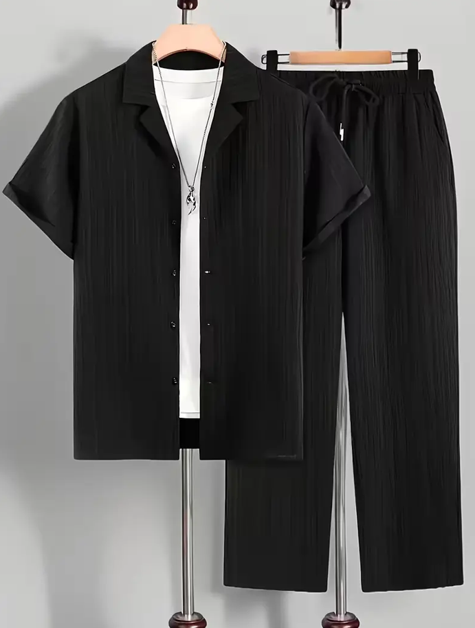 Deals Swag|Men Textured Co-Ord Set Short Sleeve Shirt and Trouser Summer Outfit Casual Two Piece Matching Set