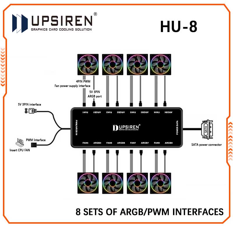 UPSIREN HU-8 Chassis Fan Hub，8 Sets of ARGB and PWM Interfaces,Bottom magnetic design，Support motherboard synchronization