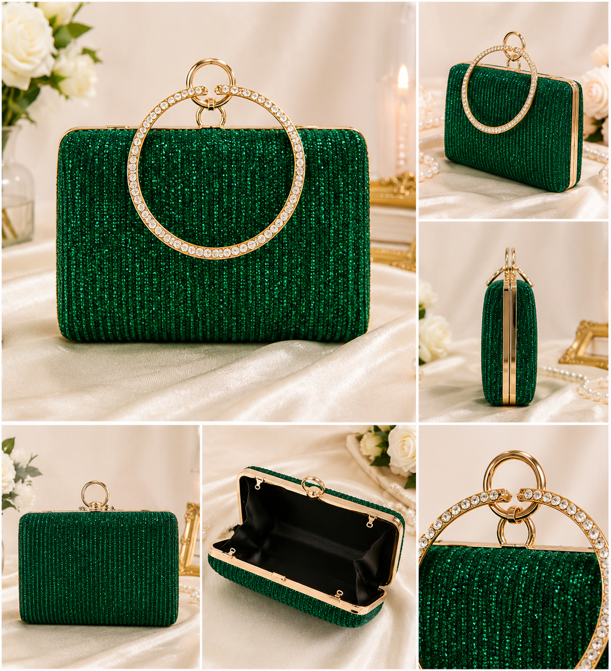 Emerald Green Sparkly Rhinestone Bridal Evening Clutch Bag | Crystal Top Handle Party Purse for Wedding | Rhinestone Evening Clutch Bag for Women|Ladies Bridal Wedding Party Purse | Crystal Top Handle Handbag |Elegant Glitter Cluth For Wedding