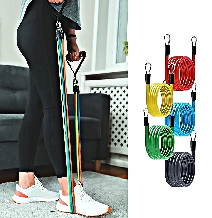 11 PCS Latex Resistance Band Set for Yoga Pilates & Abs - Home Gym Fitness Workout Equipment with Door Anchor & Ankle Straps - Heavy Duty Elastic Pull Rope Chest Expander - Tummy Trimmer for Weight Loss Belly Fat Burner & Stretch