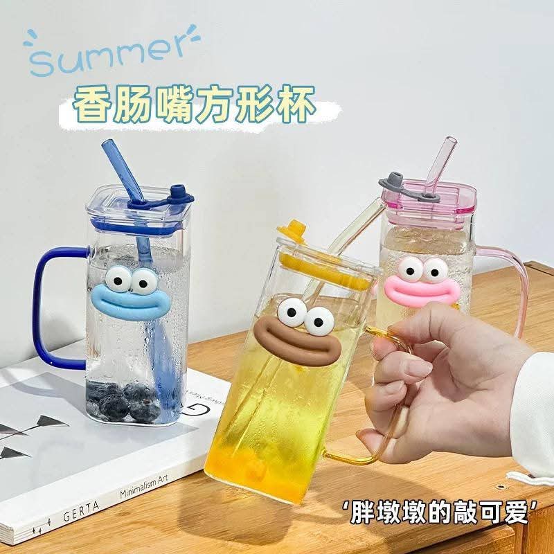 350ml Glass Straw Cup with Lid