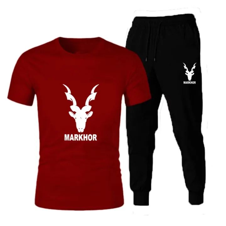 Markhor printed gym wear round neck tshirt + trouser soft and comfy tracksuit for men -yellow