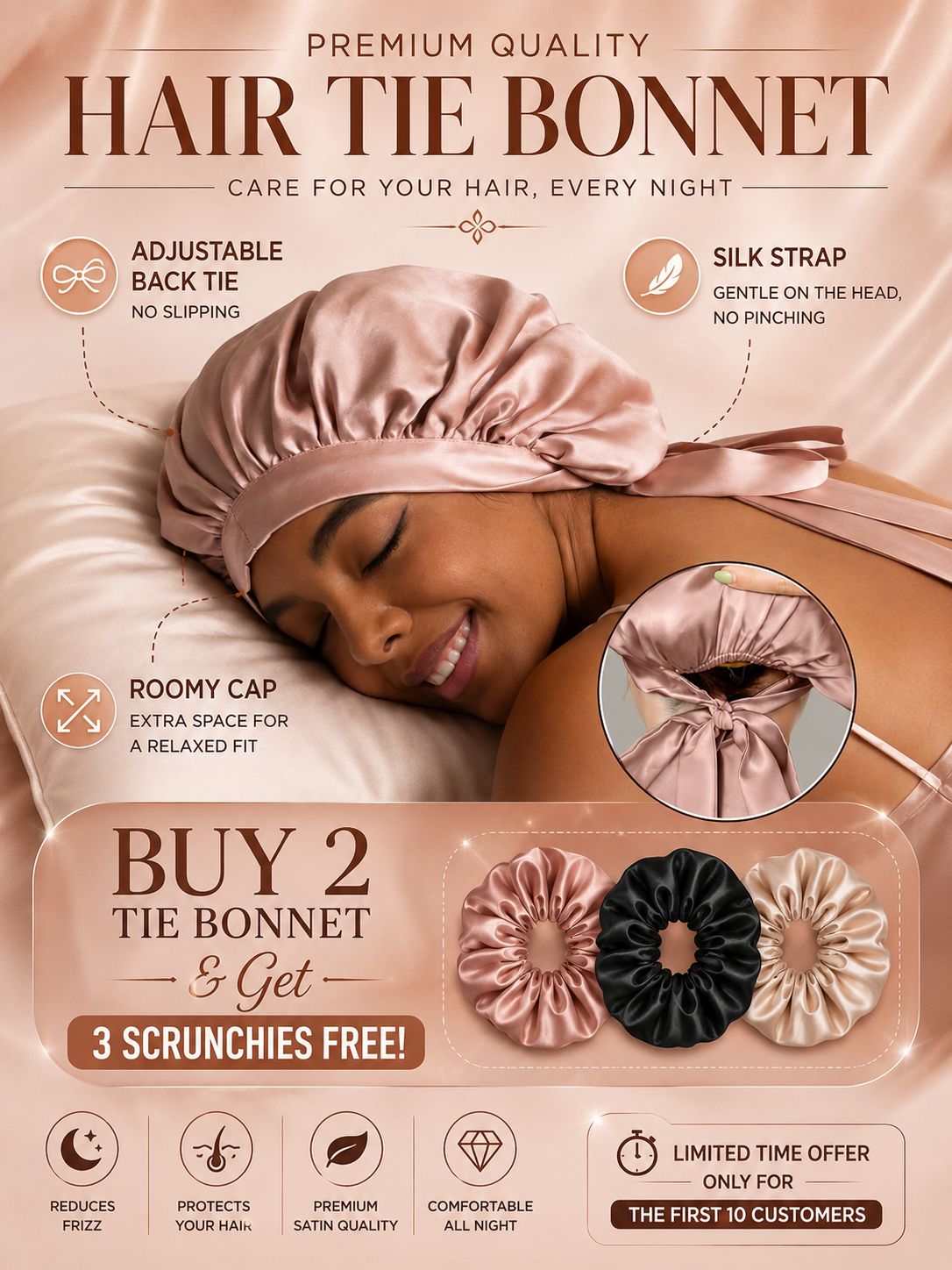 Double Layer Silk Hair Tie Bonnet – No Slip | Sleep Cap for Frizz-Free Hair | Soft & Comfortable
