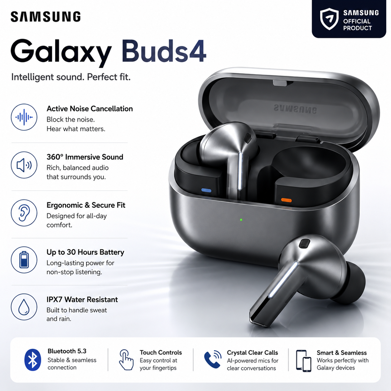 Samsung Galaxy Buds4 – Wireless Earbuds with ANC & Hi-Fi Audio