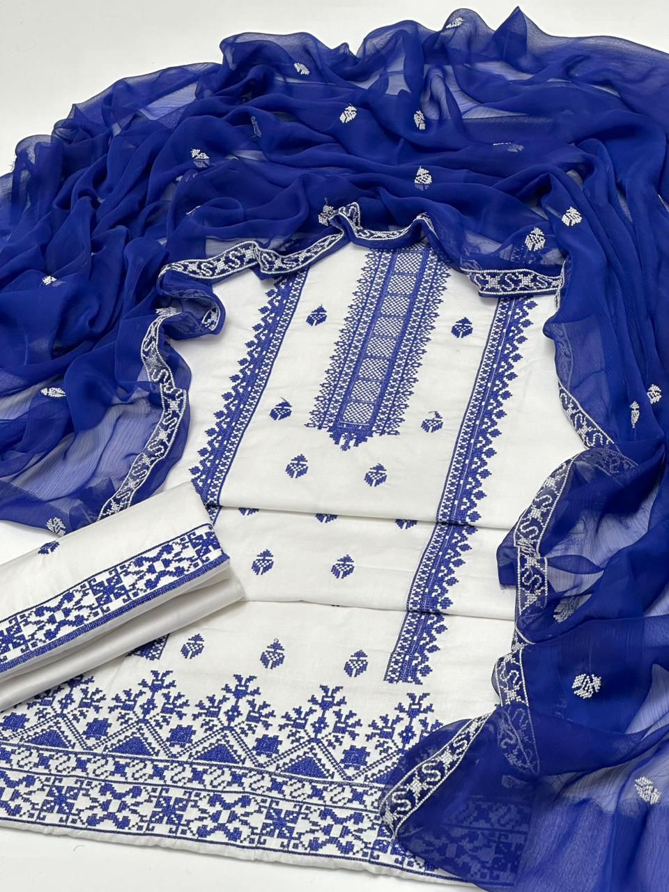 3 Piece Mid Season Cotton Suit for Women | Cross Stitch Gala Daman Embroidered Shirt | Chiffon Embroidered Dupatta & Trouser | Ladies Pakistani Dress