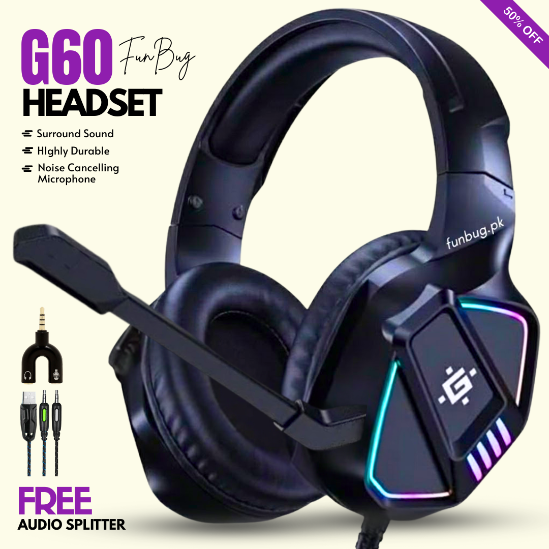 【Professional】 G60 Gaming Headphones Rgb with Mic for PC, Pubg Mobile, PS4, Laptop - 360 Surround Sound Super Bass Vibration Over the Ear Wired Head Phones Headset for Gaming with Noise Cancelling Micophone - By FunBug
