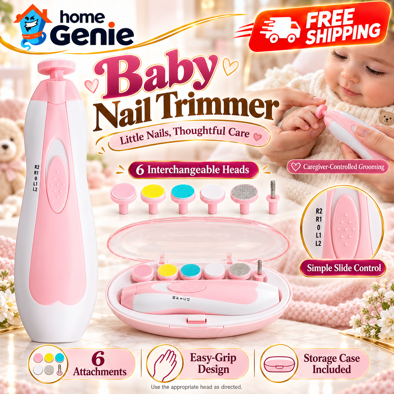 Home Genie Electric Baby Nail Trimmer – Safe & Quiet Nail File for Newborn, Infant & Toddler, 4-Stage Grinding Heads, LED Light, 18-Piece Kit