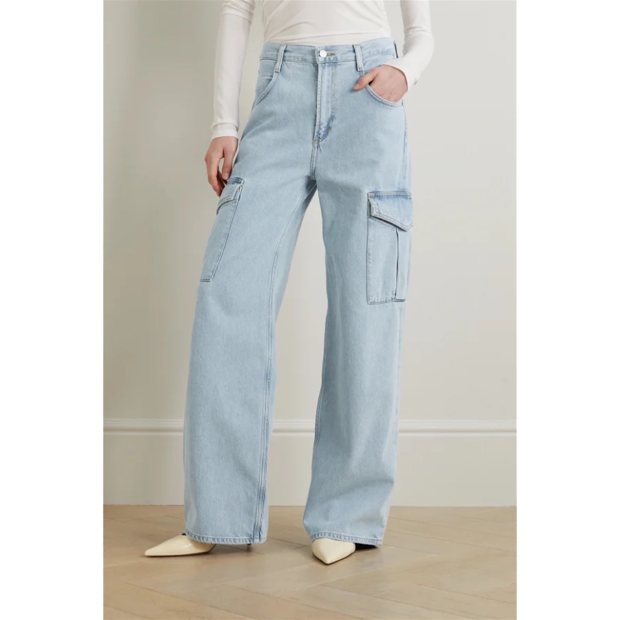 Womenâ€™s Ice Blue High Waist Wide Leg 6 Pockets Cargo Denim Jeans | Cargo Baggy Jeans | ZRANZIE