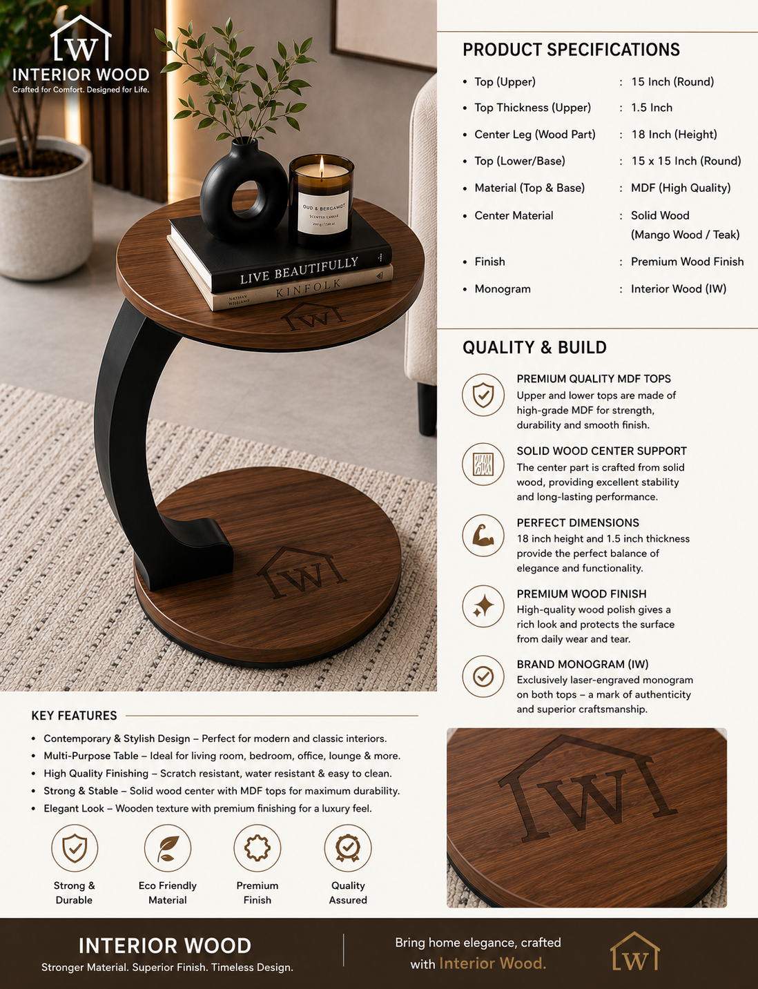 Premium Wooden C Shape Side Table
Modern C-Shaped Wooden End Table
