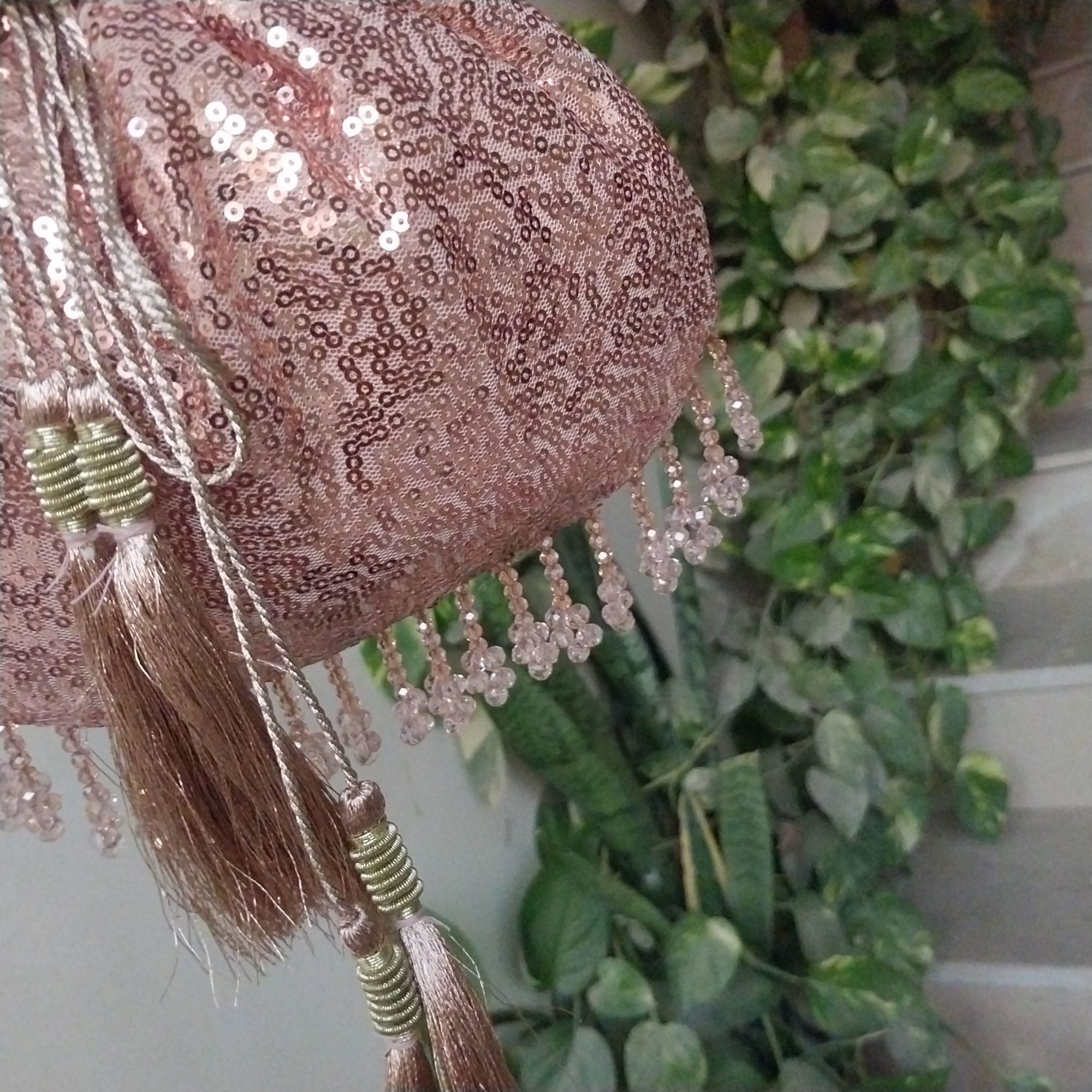 SHINY fancy potly clutch with pearl tassels
