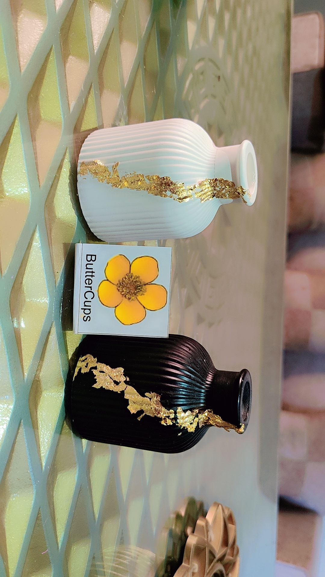 Pack of 2 ceramic mini Vases White & Black with gold leaves  size 10cm