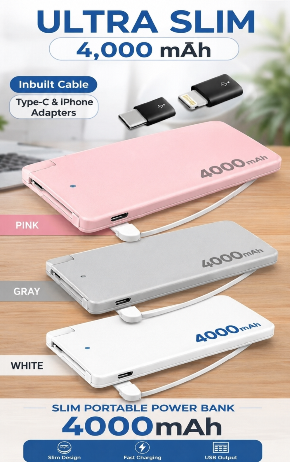 ULTRA SLIM DESIGN – 4000mAh POWER BANK WITH BUILT-IN CABLE price in Pakistan