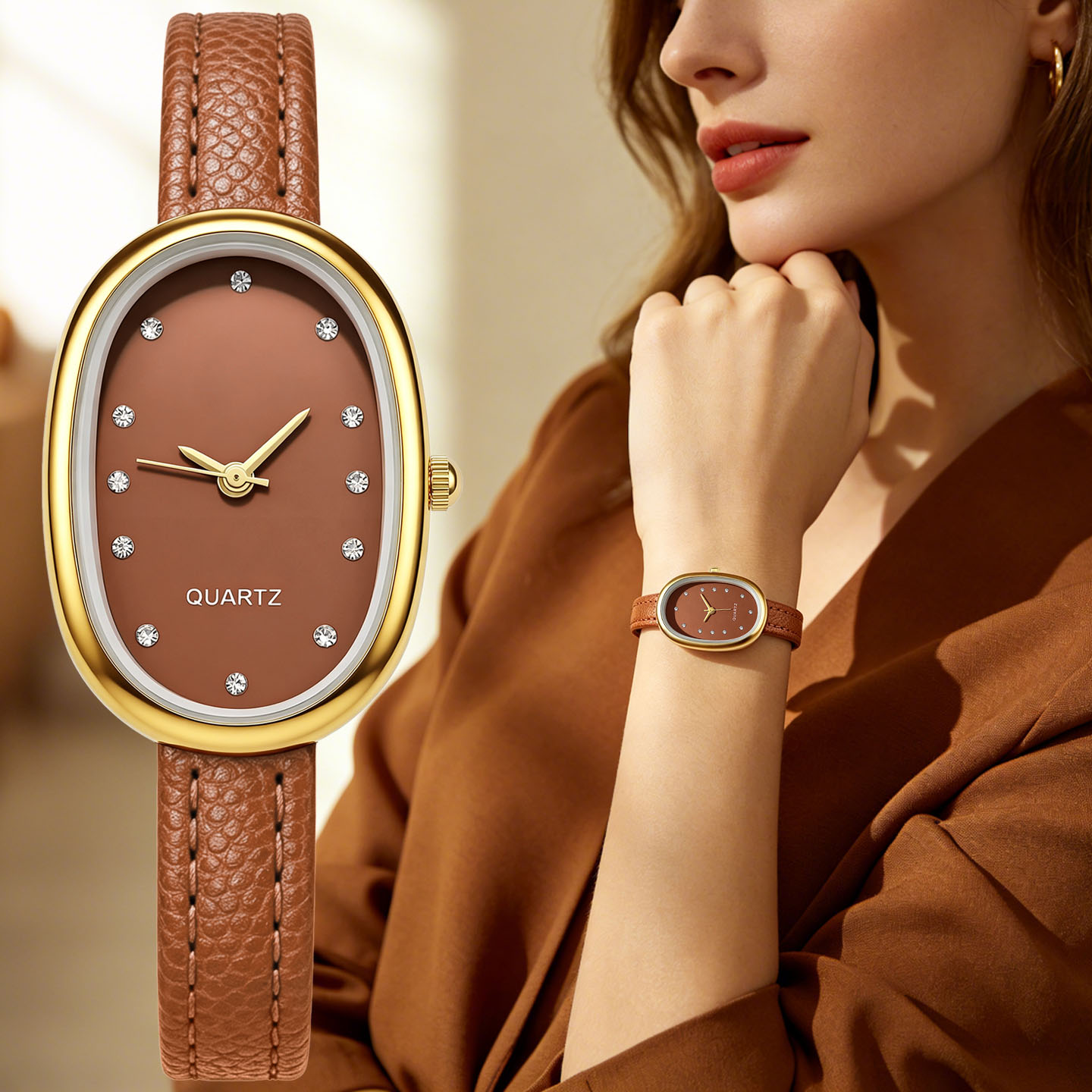 Women Casual Simple Business PU Leather Strap Oval Quartz Watch Student Ladies Wristwatches