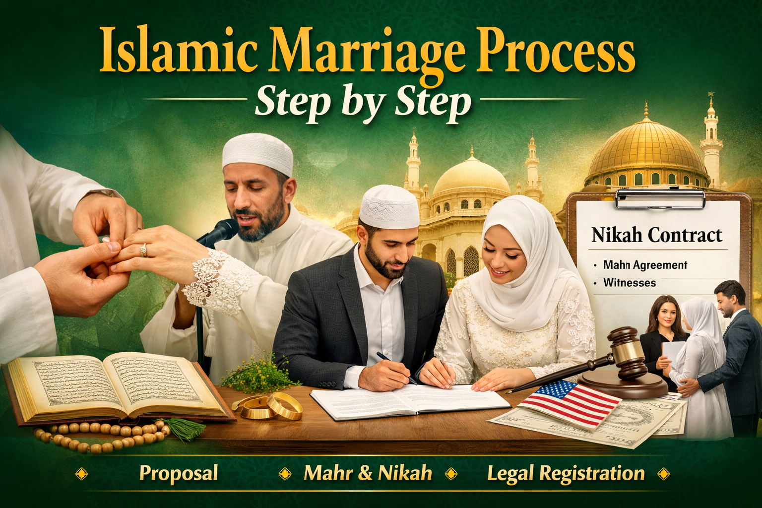 Islamic marriage ceremony concept with Nikah contract, wali, witnesses and Mahr in Islam