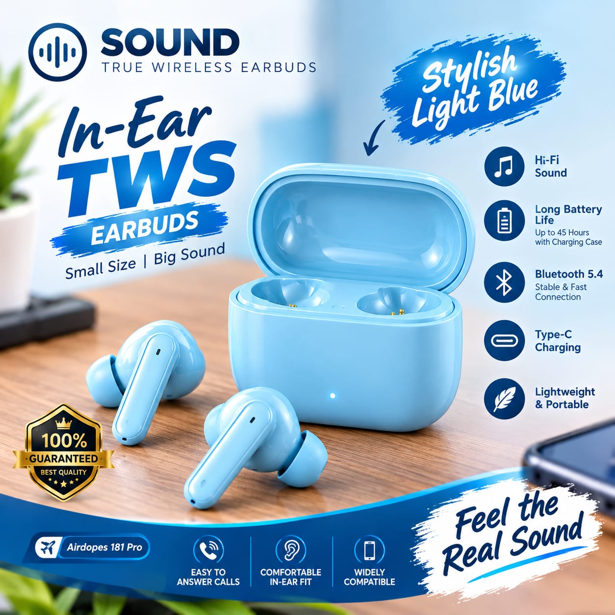 SOUND Airdopes 181 Pro In-Ear TWS Earbuds – Bluetooth 5.4, ENC Noise Reduction, Type-C Charging, Light Blue