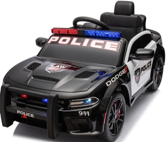 12V Charger Style Police Patrol Ride-On Car for Kids with Flashing Siren Lights & Music