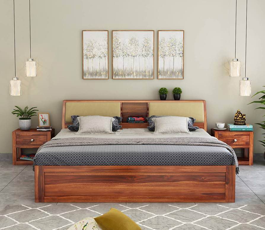 STRATA FURNITURE Sheesham Wood King Size Bed with Box Storage Wooden Double Bed Cot Bed Furniture for Bedroo...