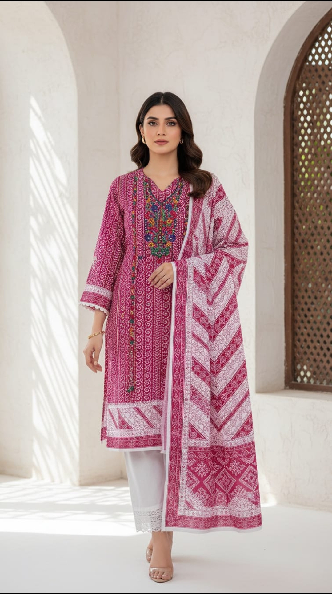 Beautiful Embroidered 3 Piece Unstitched Suit Multicolor Soft Cotton Fabric For Women