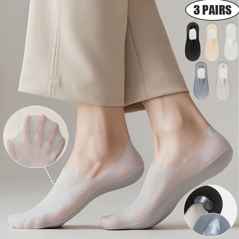 3Pairs Summer Men's Thin Invisible Socks Solid Color Soft Ultra-Comfortable Casual Sock Breathable Mesh Elastic Fabric Boat Sox