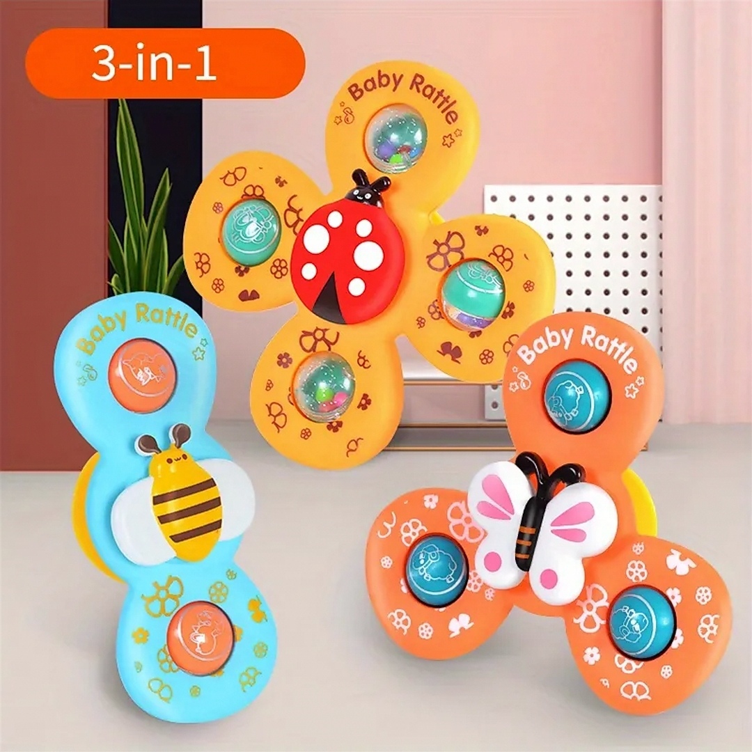 3PCS Suction Cup Spinner Toys for 1 Year Old Boy Girl|Spinning Tops Bath Toys for Kids Ages 1-3|Sensory Toys for Baby 6 12 18 Months Boy Birthday GiftRotating Suction Rattle Toy for babies image 2