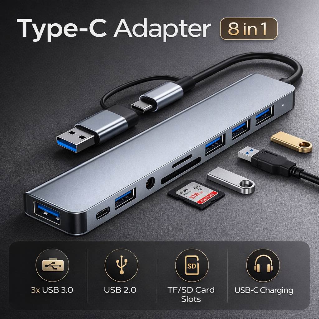 Type-C Adapter 8 in 1 USB-C Hub | Multiport USB 3.0, USB 2.0, TF/SD Card Reader, Audio Jack | Laptop & Mobile Compatible