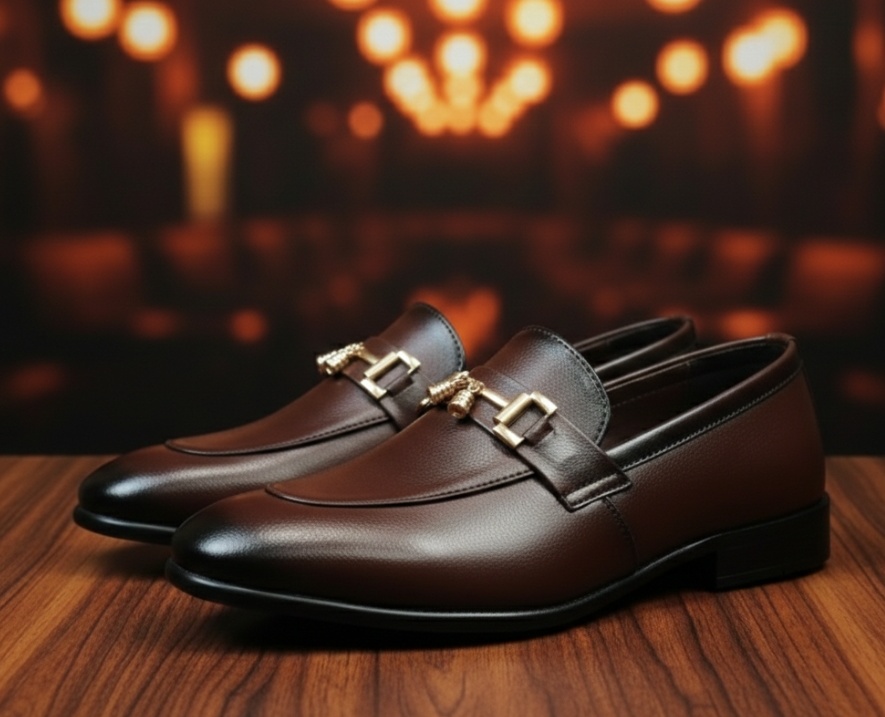 Men’s Black & Brown Synthetic Leather Formal Loafers with Gold Buckle