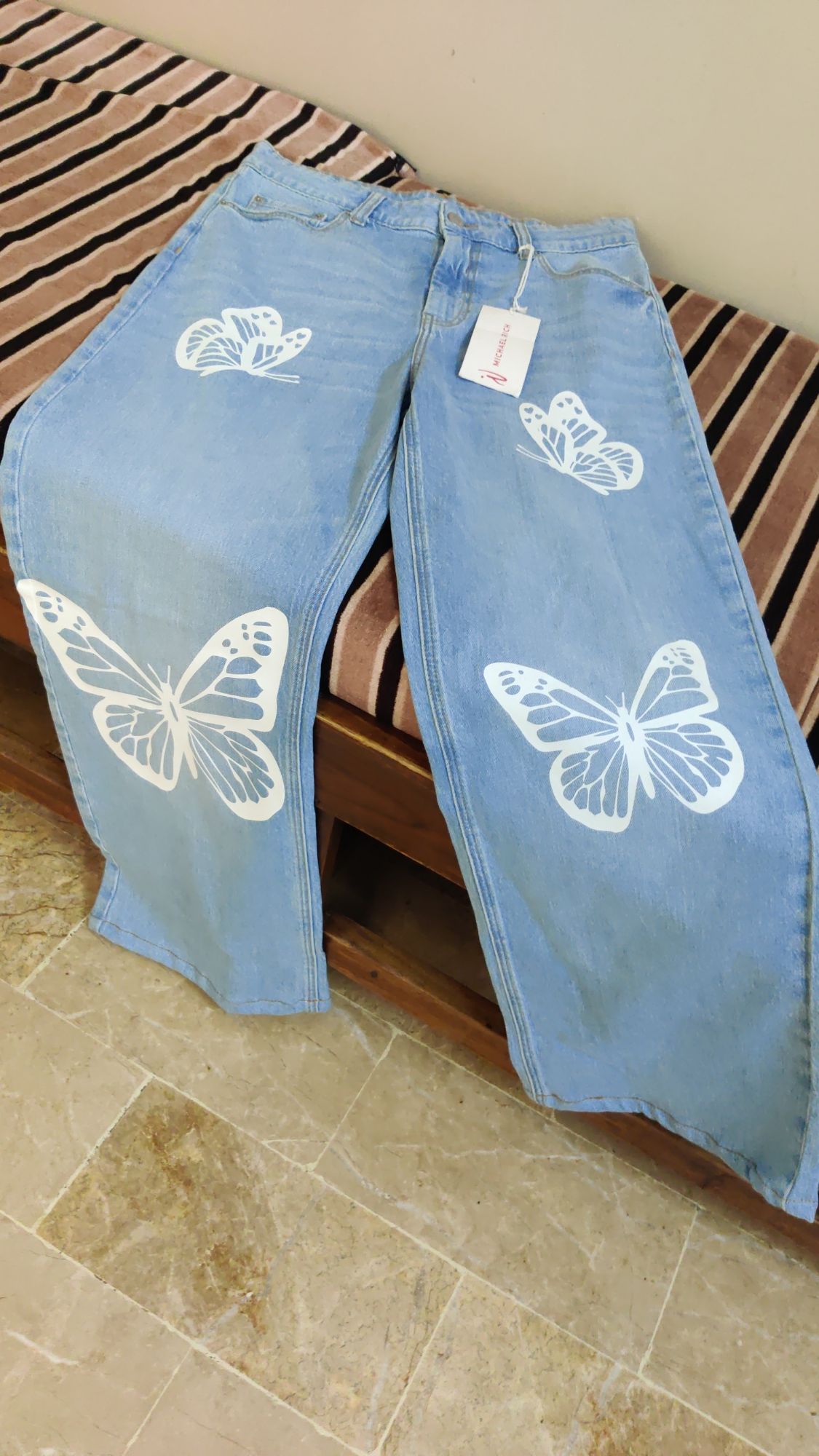 Light Blue High Waisted Wide Leg Printed Jeans For Girls Women's