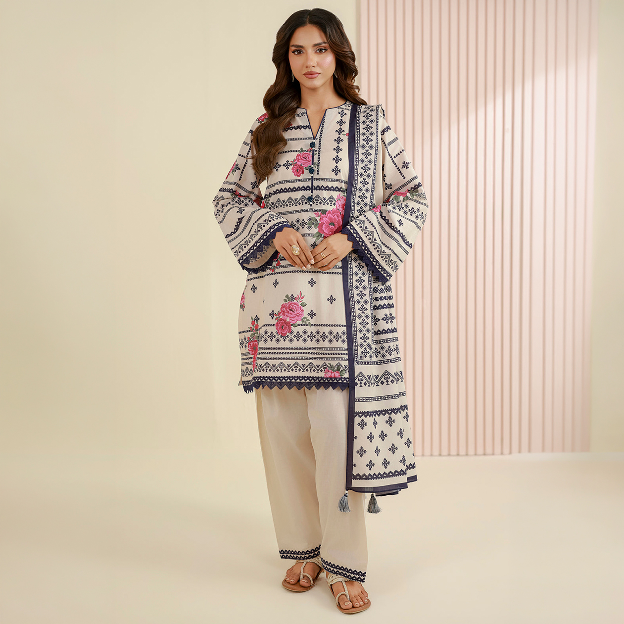 Zellbury 3 Piece Unstitched Printed Lawn Shirt Shalwar Dupatta - 1007 Unstitched Fabric For Women - Lawn Dupatta Cambric Bottom - Essential Unstitched Collection - Summer