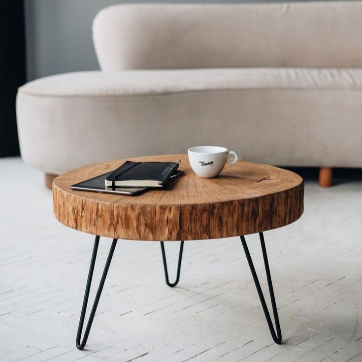 Live edge Coffee Table - Rustic Nesting Coffee Table - Mid Century Wood Slab Coffee Table with Hairpin legs - Retro Accent Center Table for living Room - Old Elm End Wooden Coffee/Side Table for Sofa -  Handmade Round Coffee Table